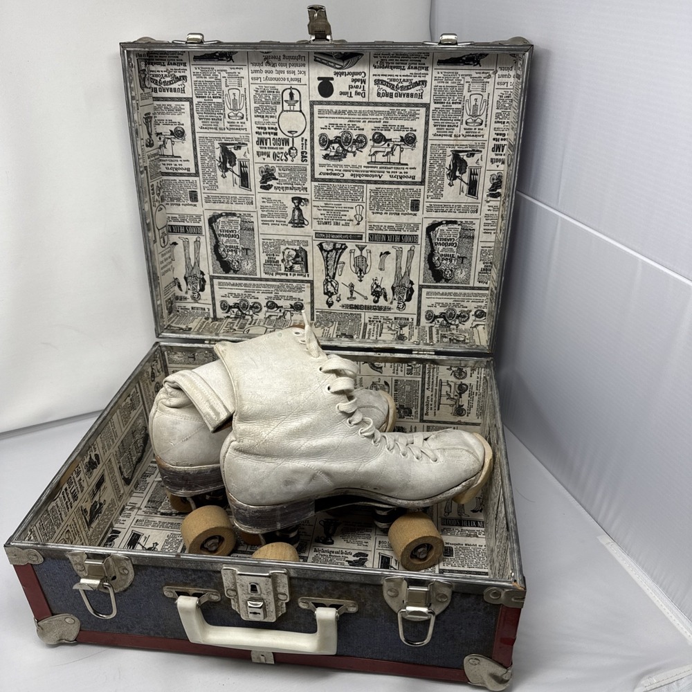 Vintage Chicago Roller Skates White Leather‎ Union Made Pact No 260 & Skate Box